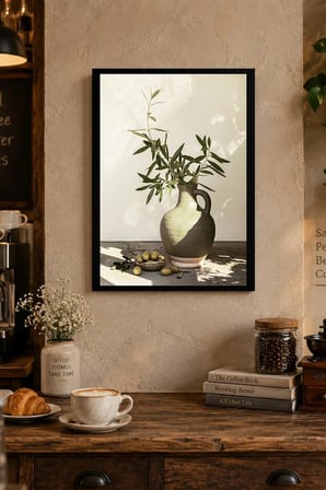 Yuvarlak Vazoda Yeşil Dallar Desenli Dekoratif MDF Tablo, Çerçeve Görünümlü Ahşap Poster
