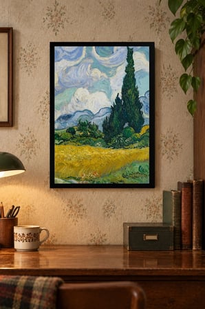 Renkli Doğa ve Ağaç Manzarası Desenli Dekoratif MDF Tablo, Çerçeve Görünümlü Ahşap Poster