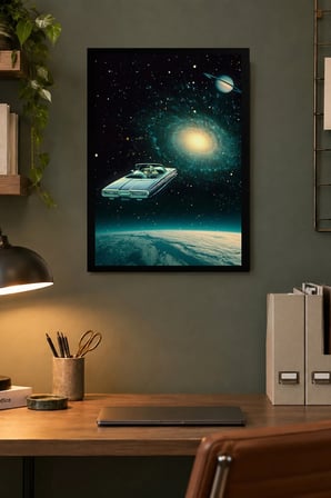 Uzayda Araç ve Galaksi Desenli Dekoratif MDF Tablo, Çerçeve Görünümlü Ahşap Poster