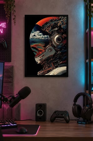 Kozmik Kask ve Manzara Desenli Dekoratif MDF Tablo, Çerçeve Görünümlü Ahşap Poster