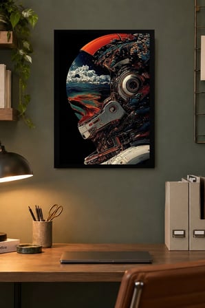 Kozmik Kask ve Manzara Desenli Dekoratif MDF Tablo, Çerçeve Görünümlü Ahşap Poster