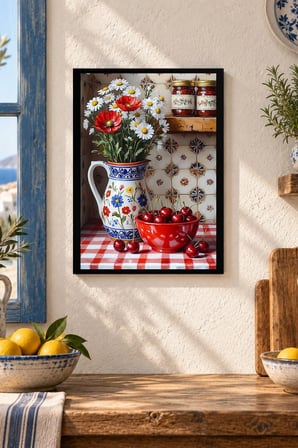 Çiçekli Mutfak Natürmortu Desenli Dekoratif MDF Tablo, Çerçeve Görünümlü Ahşap Poster