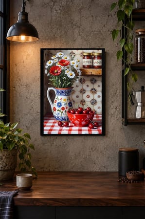 Çiçekli Mutfak Natürmortu Desenli Dekoratif MDF Tablo, Çerçeve Görünümlü Ahşap Poster