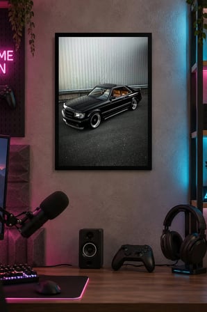 Siyah Klasik Otomobil Desenli Dekoratif MDF Tablo, Çerçeve Görünümlü Ahşap Poster