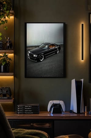 Siyah Klasik Otomobil Desenli Dekoratif MDF Tablo, Çerçeve Görünümlü Ahşap Poster