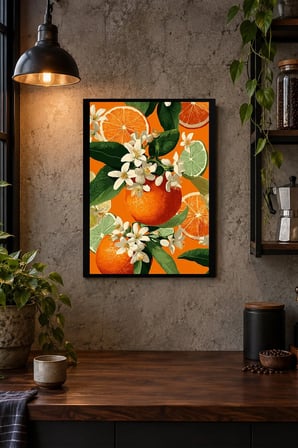 Turuncu Meyveler ve Beyaz Çiçekler Desenli Dekoratif MDF Tablo, Çerçeve Görünümlü Ahşap Poster