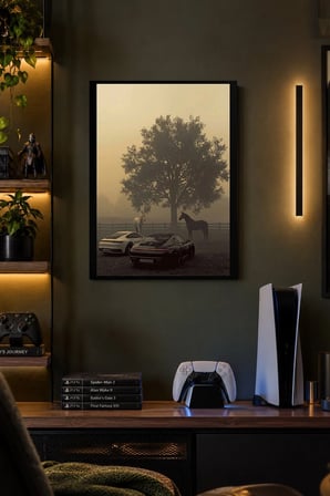 Sisli Ağaç ve Otomobiller Desenli Dekoratif MDF Tablo, Çerçeve Görünümlü Ahşap Poster