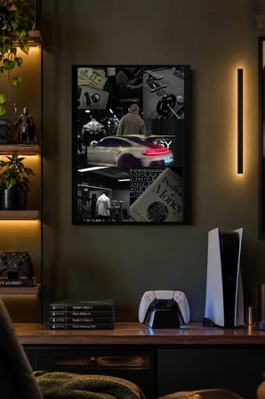 Siyah Beyaz Otomobil Kolajı Desenli Dekoratif MDF Tablo, Çerçeve Görünümlü Ahşap Poster