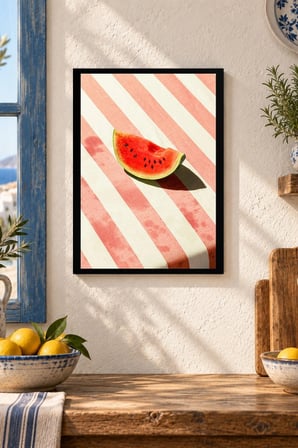 Çizgili Zeminde Kırmızı Meyve Dilimi Desenli Dekoratif MDF Tablo, Çerçeve Görünümlü Ahşap Poster