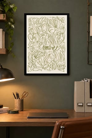Yaprak Çizimleri ve Amore Yazısı Desenli Dekoratif MDF Tablo, Çerçeve Görünümlü Ahşap Poster