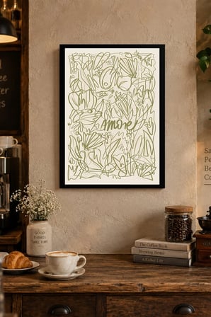 Yaprak Çizimleri ve Amore Yazısı Desenli Dekoratif MDF Tablo, Çerçeve Görünümlü Ahşap Poster