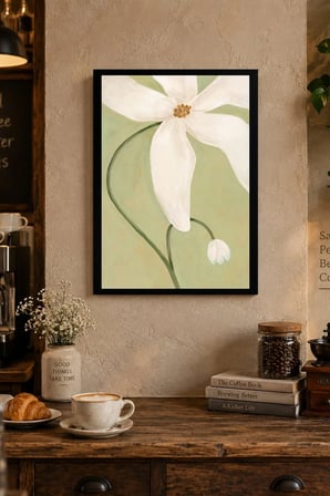 Beyaz Çiçek ve Soluk Yeşil Fon Desenli Dekoratif MDF Tablo, Çerçeve Görünümlü Ahşap Poster