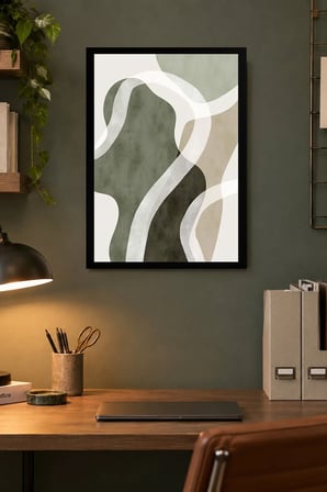 Krem ve Gri Akışkan Formlar Desenli Dekoratif MDF Tablo, Çerçeve Görünümlü Ahşap Poster