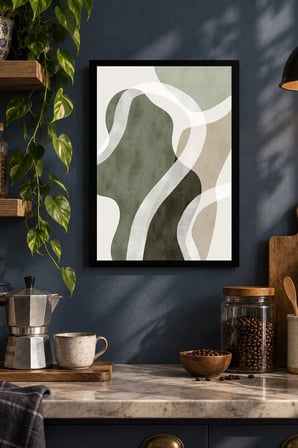 Krem ve Gri Akışkan Formlar Desenli Dekoratif MDF Tablo, Çerçeve Görünümlü Ahşap Poster