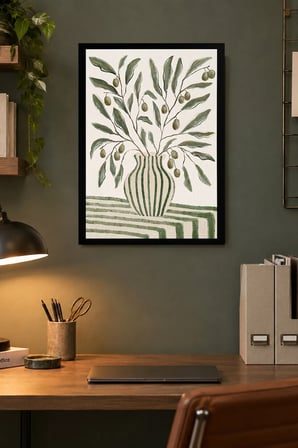 Çizgili Vazoda Yapraklı Dallar Desenli Dekoratif MDF Tablo, Çerçeve Görünümlü Ahşap Poster