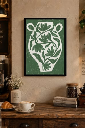 Koyu Yeşil Yaprak Kompozisyonu Desenli Dekoratif MDF Tablo, Çerçeve Görünümlü Ahşap Poster