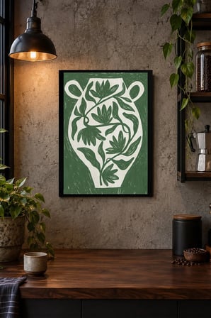 Koyu Yeşil Yaprak Kompozisyonu Desenli Dekoratif MDF Tablo, Çerçeve Görünümlü Ahşap Poster