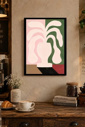 Pembe Yeşil Soyut Formlar Desenli Dekoratif MDF Tablo, Çerçeve Görünümlü Ahşap Poster