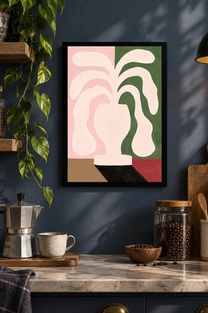 Pembe Yeşil Soyut Formlar Desenli Dekoratif MDF Tablo, Çerçeve Görünümlü Ahşap Poster