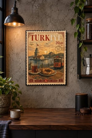 Türkiye Şehir Manzaralı Damga Desenli Dekoratif MDF Tablo, Çerçeve Görünümlü Ahşap Poster