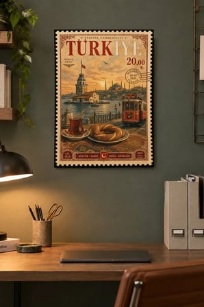Türkiye Şehir Manzaralı Damga Desenli Dekoratif MDF Tablo, Çerçeve Görünümlü Ahşap Poster