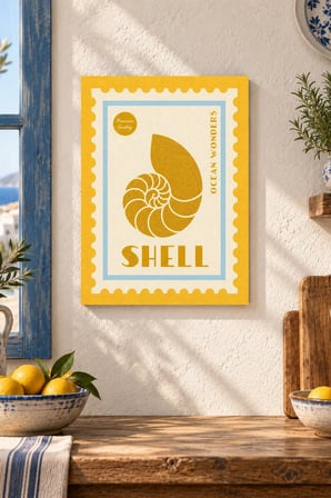 Deniz Kabuğu Damga Desenli Dekoratif MDF Tablo, Çerçeve Görünümlü Ahşap Poster