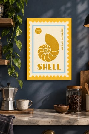 Deniz Kabuğu Damga Desenli Dekoratif MDF Tablo, Çerçeve Görünümlü Ahşap Poster