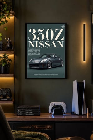 Gri Spor Otomobil Afişi Desenli Dekoratif MDF Tablo, Çerçeve Görünümlü Ahşap Poster