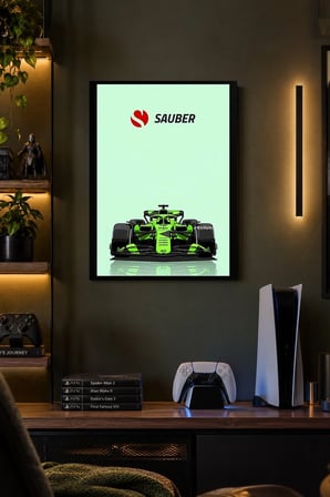 Yeşil Yarış Otomobili Desenli Dekoratif MDF Tablo, Çerçeve Görünümlü Ahşap Poster