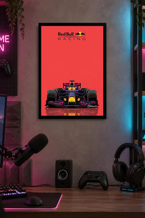 Kırmızı Formula Yarış Otomobili Desenli Dekoratif MDF Tablo, Çerçeve Görünümlü Ahşap Poster