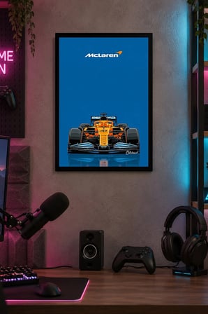 Turuncu Formula Yarış Otomobili Desenli Dekoratif MDF Tablo, Çerçeve Görünümlü Ahşap Poster