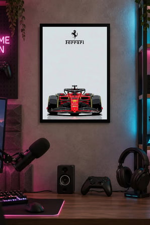 Kırmızı Formula Yarış Otomobili Desenli Dekoratif MDF Tablo, Çerçeve Görünümlü Ahşap Poster