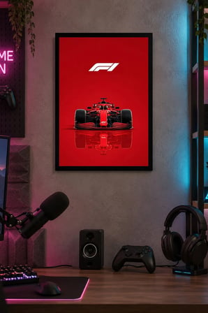 Kırmızı Formula Afişi Desenli Dekoratif MDF Tablo, Çerçeve Görünümlü Ahşap Poster
