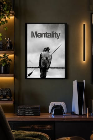 Dalda Kuş ve Mentality Yazısı Desenli Dekoratif MDF Tablo, Çerçeve Görünümlü Ahşap Poster