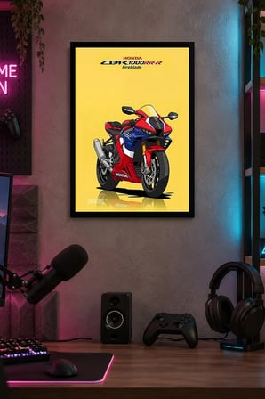 Sarı Zeminli Spor Motosikleti Desenli Dekoratif MDF Tablo, Çerçeve Görünümlü Ahşap Poster