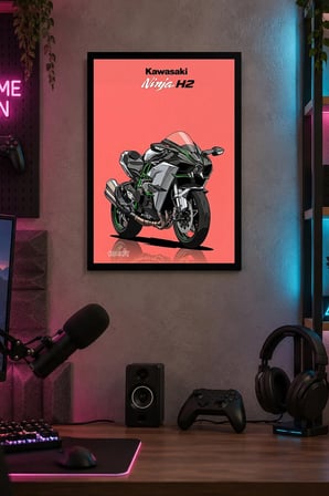 Yeşil Spor Motosikleti Desenli Dekoratif MDF Tablo, Çerçeve Görünümlü Ahşap Poster