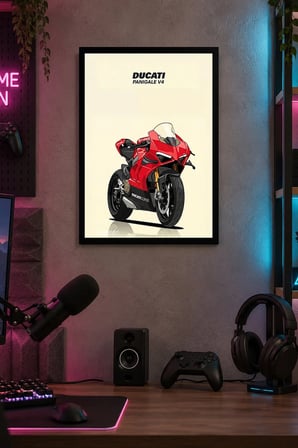 Kırmızı Spor Motosikleti Desenli Dekoratif MDF Tablo, Çerçeve Görünümlü Ahşap Poster