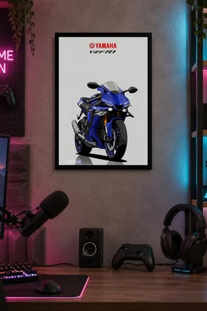 Mavi Spor Motosikleti Desenli Dekoratif MDF Tablo, Çerçeve Görünümlü Ahşap Poster