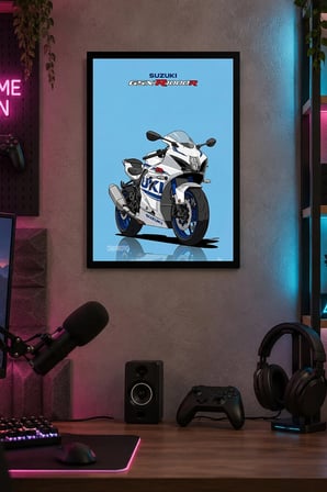 Beyaz Mavi Spor Motosikleti Desenli Dekoratif MDF Tablo, Çerçeve Görünümlü Ahşap Poster