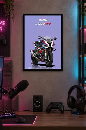 Mavi Spor Motosikleti Desenli Dekoratif MDF Tablo, Çerçeve Görünümlü Ahşap Poster