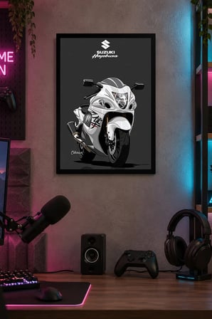 Beyaz Siyah Spor Motosikleti Desenli Dekoratif MDF Tablo, Çerçeve Görünümlü Ahşap Poster
