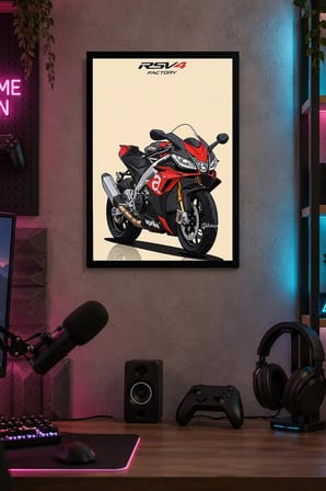 Kırmızı Spor Motosikleti Desenli Dekoratif MDF Tablo, Çerçeve Görünümlü Ahşap Poster