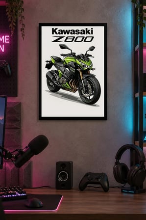 Yeşil Siyah Motosiklet Desenli Dekoratif MDF Tablo, Çerçeve Görünümlü Ahşap Poster