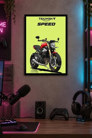Siyah Kırmızı Motosiklet Desenli Dekoratif MDF Tablo, Çerçeve Görünümlü Ahşap Poster