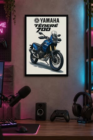 Mavi Turuncu Motosiklet Desenli Dekoratif MDF Tablo, Çerçeve Görünümlü Ahşap Poster