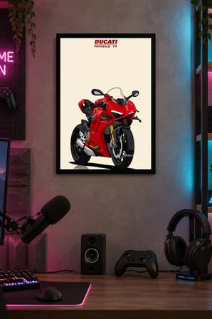 Kırmızı Spor Motosikleti Desenli Dekoratif MDF Tablo, Çerçeve Görünümlü Ahşap Poster