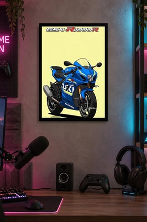 Mavi Spor Motosikleti Desenli Dekoratif MDF Tablo, Çerçeve Görünümlü Ahşap Poster