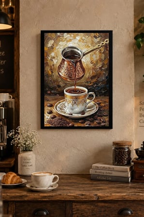 Kahve Fincanı ve Kahve Çekirdekleri Desenli Dekoratif MDF Tablo, Çerçeve Görünümlü Ahşap Poster