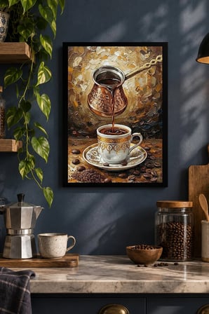 Kahve Fincanı ve Kahve Çekirdekleri Desenli Dekoratif MDF Tablo, Çerçeve Görünümlü Ahşap Poster