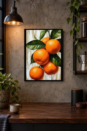 Turuncu Meyveler ve Yeşil Yapraklar Desenli Dekoratif MDF Tablo, Çerçeve Görünümlü Ahşap Poster
